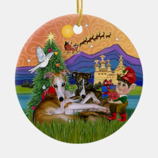 Xmas Fantasy - ２匹のウィペット セラミックオーナメント (正面)