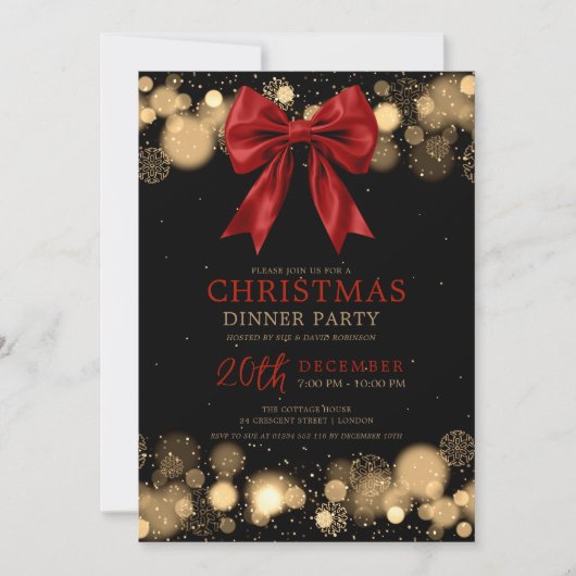 Xmas Holiday Dinner Party Winter Bow Red Gold 招待状 (正面)