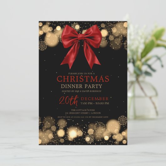 Xmas Holiday Dinner Party Winter Bow Red Gold 招待状 (スタンド正面)