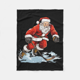 Xmas Holiday Fun Santa Playing Ice Hockey Christma フリースブランケット