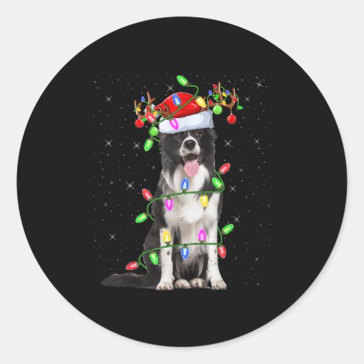 Xmas Holiday Lighting Santa Border Collie Dog Chri ラウンドシール (正面)