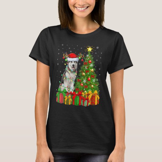 Xmas Holiday Lights Santa Alaskan Malamute Dog Chr Tシャツ (正面)