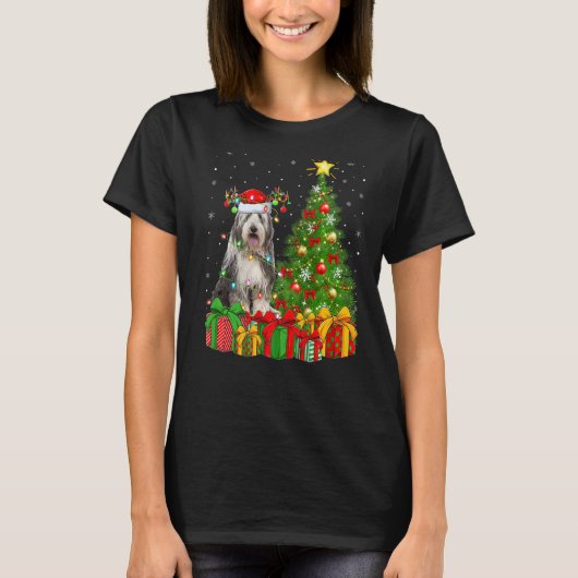 Xmas Holiday Lights Santa Bearded Collie Dog Chris Tシャツ (正面)