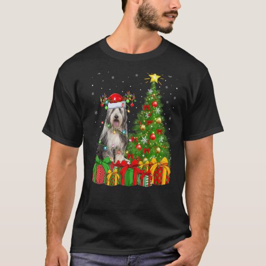 Xmas Holiday Lights Santa Bearded Collie Dog Chris Tシャツ (正面)