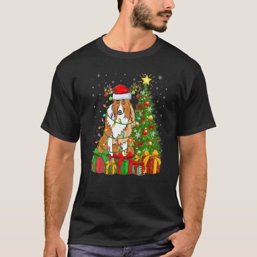 Xmas Holiday Lights Santa Collie Dog Christmas Tre Tシャツ (正面)