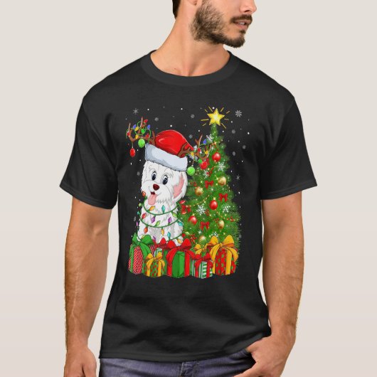 Xmas Holiday Lights Santa Havanese Dog Christmas T Tシャツ (正面)
