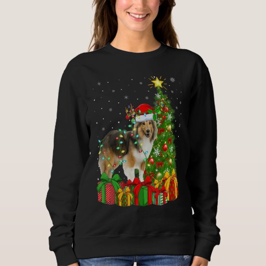 Xmas Holiday Lights Santa Sheltie Dog Christmas Tr スウェットシャツ (正面)