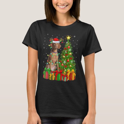 Xmas Holiday Lights Santa Vizsla Dog Christmas Tre Tシャツ (正面)