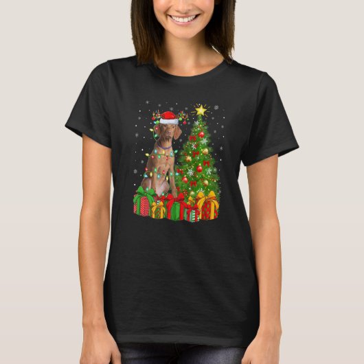 Xmas Holiday Lights Santa Vizsla Dog Christmas Tre Tシャツ (正面)