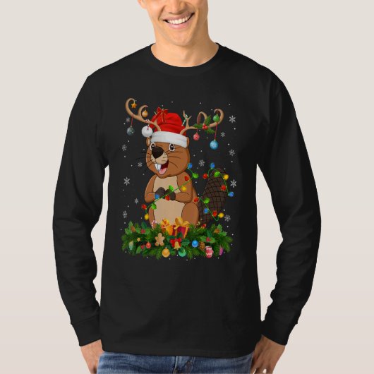 Xmas Holiday Reindeer Hat Santa Beaver Christmas Tシャツ (正面)