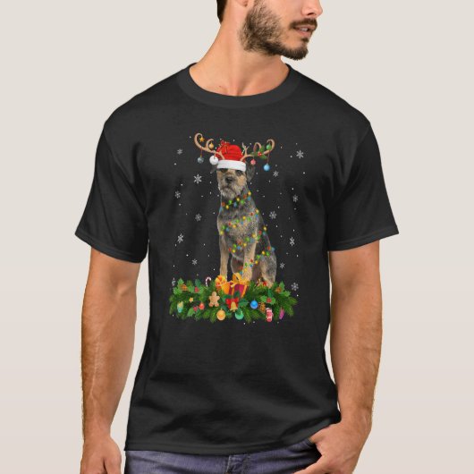 Xmas Holiday Reindeer Hat Santa Border Terrier Dog Tシャツ (正面)