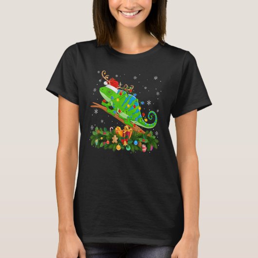 Xmas Holiday Reindeer Hat Santa Chameleon Christma Tシャツ (正面)