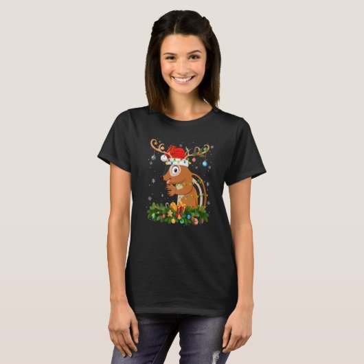 Xmas Holiday Reindeer Hat Santa Chipmunk Christmas Tシャツ (正面フル)