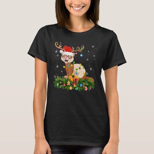 Xmas Holiday Reindeer Hat Santa Ferret Christmas Tシャツ (正面)