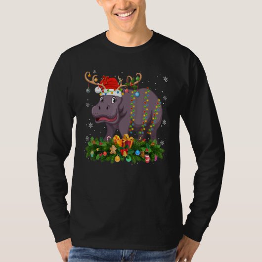 Xmas Holiday Reindeer Hat Santa Hippopotamus Chris Tシャツ (正面)