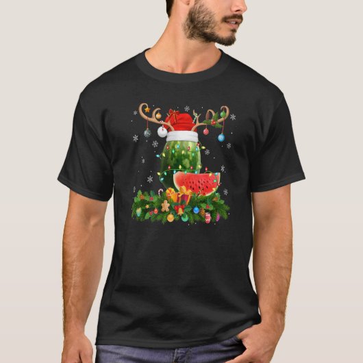 Xmas Holiday Reindeer Hat Santa Watermelon Fruit C Tシャツ (正面)