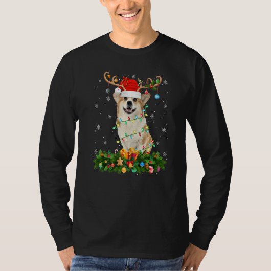 Xmas Holiday Reindeer Hat Santa Welsh Corgi Dog Ch Tシャツ (正面)