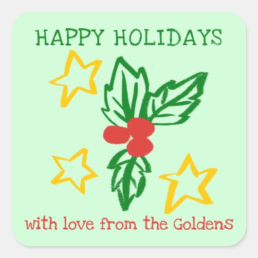 Xmas Holly Doodle CHRISTMAS Holiday To From Label スクエアシール (正面)