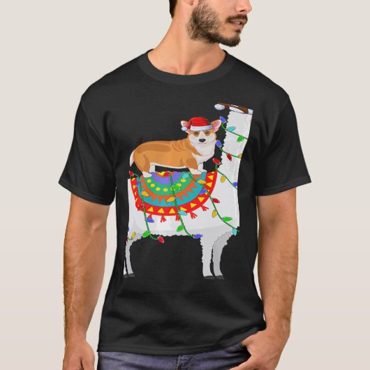 Xmas Lighting Corgi Dog Riding Llama Christmas Tシャツ (正面)