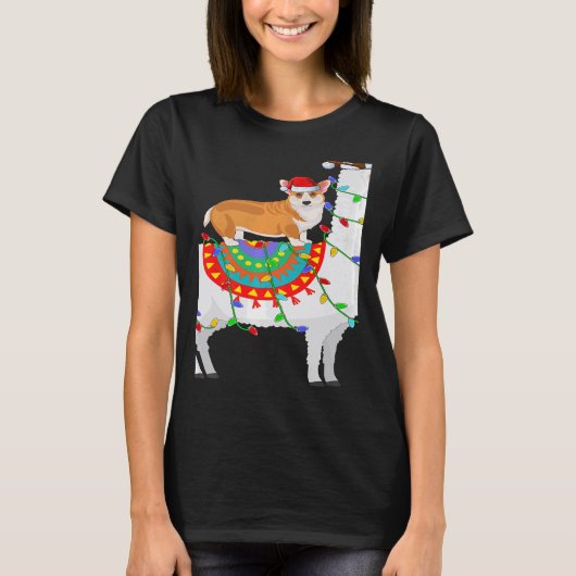 Xmas Lighting Corgi Dog Riding Llama Christmas Tシャツ (正面)