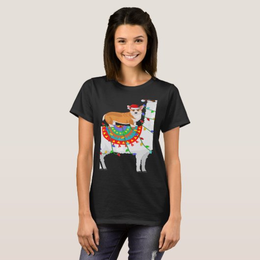 Xmas Lighting Corgi Dog Riding Llama Christmas Tシャツ (正面フル)