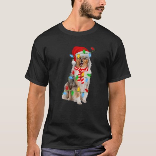 Xmas Lighting Holiday Santa Rough Collie Dog Chris Tシャツ (正面)