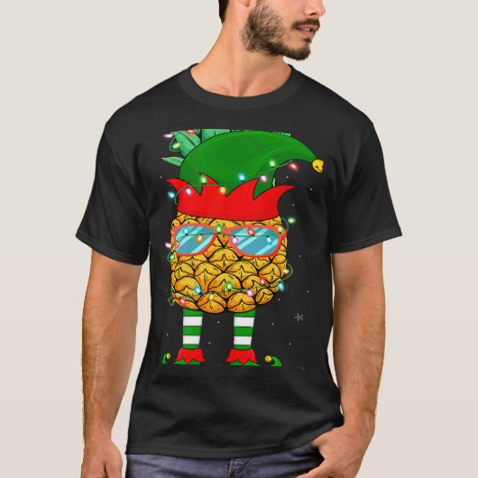 Xmas Lighting Mele Kalikimaka Pineapple Elf Christ Tシャツ (正面)