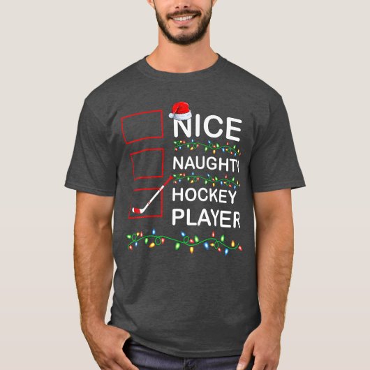 Xmas Lighting Nice Naughty Hockey Player Christmas Tシャツ (正面)