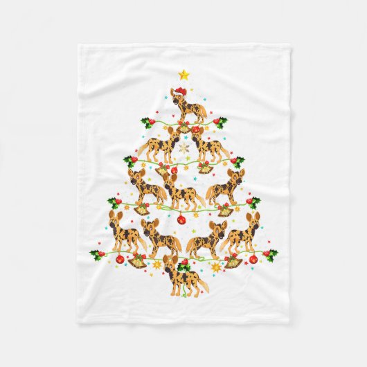 Xmas Lighting Santa African Wild Dog Christmas Tre フリースブランケット (正面)
