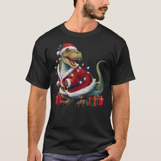 Xmas Lighting Santa Dinosaur Christmas Tシャツ (正面)