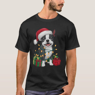 Xmas Lighting Santa Hat Boston Terrier Dog Christm Tシャツ