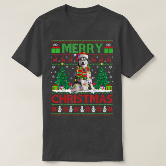 Xmas Lighting Santa Hat Ugly Alaskan Malamute Chri Tシャツ (デザイン正面)