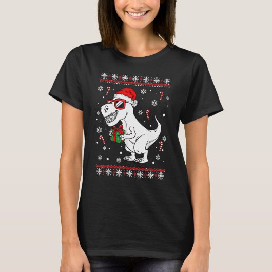 Xmas Lighting Santa Hat Ugly Rex Dinosaurs Christm Tシャツ (正面)