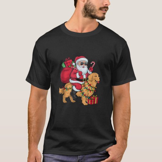Xmas Lighting Santa Riding Golden Retriever Dog Ch Tシャツ (正面)