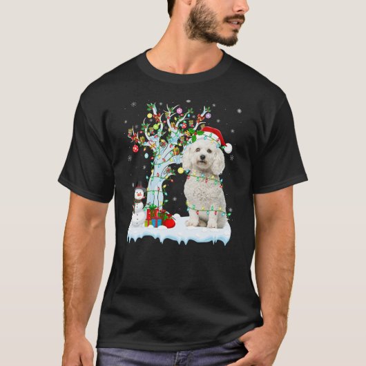 Xmas Lighting Tree Santa Hat Bichon Frise Dog Chri Tシャツ (正面)
