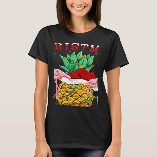 Xmas Lights Santa Flamingo Pineapple Merry Christm Tシャツ (正面)