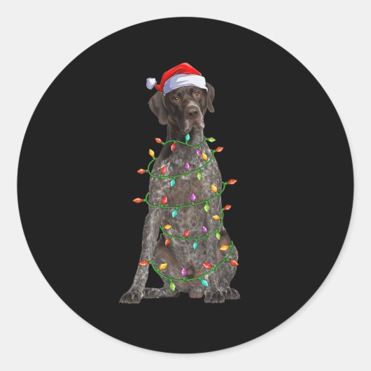Xmas Lights Santa German Shorthaired Inter Dog Chr ラウンドシール (正面)