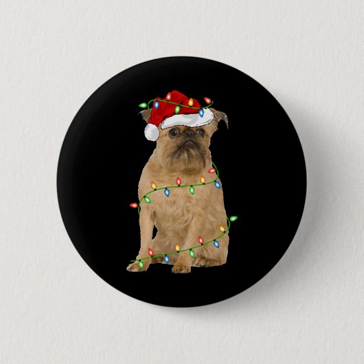 Xmas Lights Santa Hat Brussels Griffon Dog Christm 缶バッジ (正面)