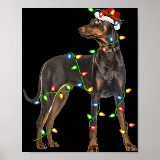 Xmas Lights Santa Hat Doberman Nscher Dog Christ  ポスター (正面)