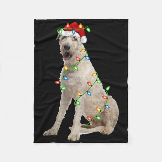 Xmas Lights Santa Hat Irish Wolfhound Dog Christma フリースブランケット (正面)