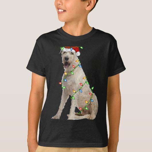 Xmas Lights Santa Hat Irish Wolfhound Dog Christma Tシャツ (正面)