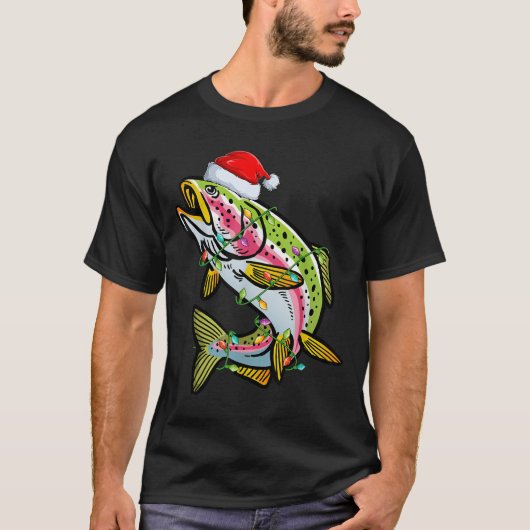 Xmas Lights Santa Hat Rainbow Trout Fish Christmas Tシャツ (正面)