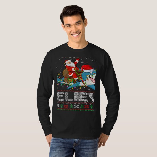 Xmas Lights Shark Believe Ugly Santa Riding Shark  Tシャツ (正面フル)