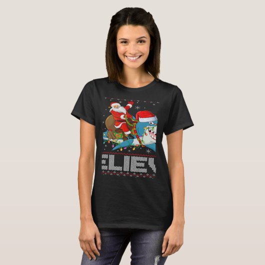 Xmas Lights Shark Believe Ugly Santa Riding Shark  Tシャツ (正面フル)