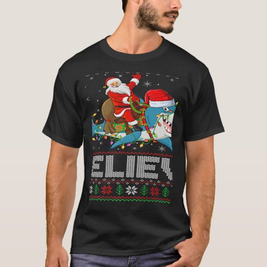 Xmas Lights Shark Believe Ugly Santa Riding Shark  Tシャツ (正面)
