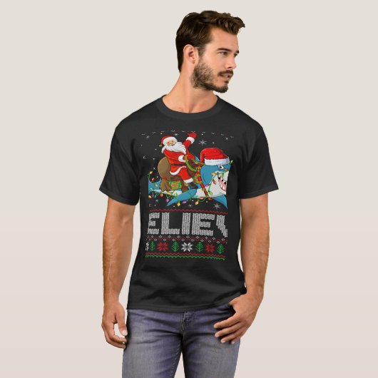 Xmas Lights Shark Believe Ugly Santa Riding Shark  Tシャツ (正面フル)