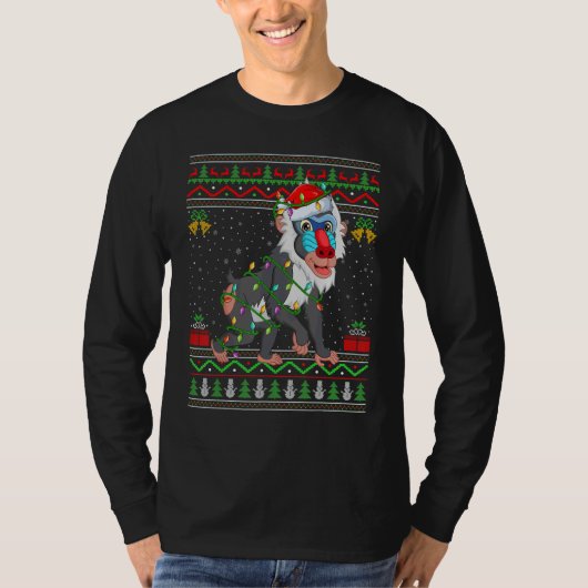 Xmas Lights Ugly Sweater Style Santa Baboon Christ Tシャツ (正面)