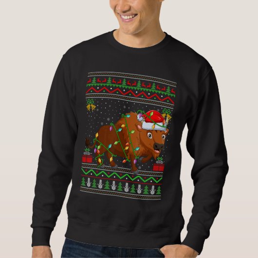 Xmas Lights Ugly Sweater Style Santa Bison Christm スウェットシャツ (正面)