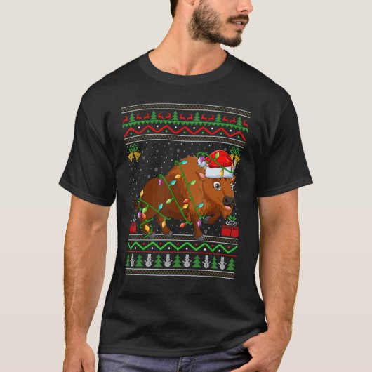 Xmas Lights Ugly Sweater Style Santa Bison Christm Tシャツ (正面)