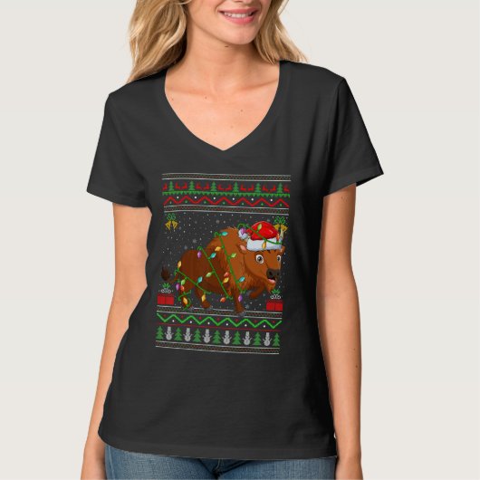 Xmas Lights Ugly Sweater Style Santa Bison Christm Tシャツ (正面)